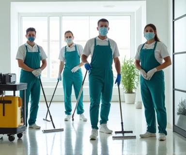 Cleaning team performing multi-surface cleaning