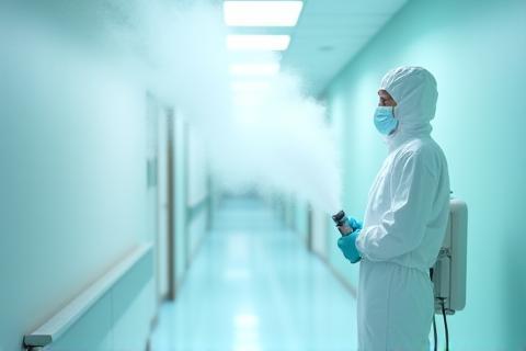 Technician performing disinfection service with professional equipment