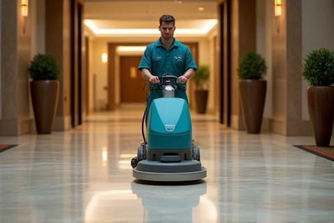 Floor maintenance professional polishing building entryway