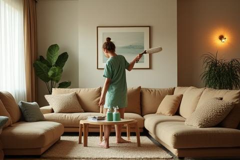 Living room being cleaned by professional with eco-friendly products