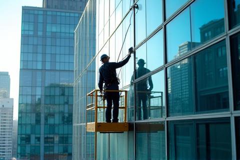 Cleaner suspended cleaning glass facade of office building